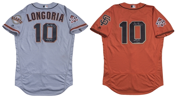 Lot of (2) 2018 Evan Longoria Game Used & Signed San Francisco Giants Alternate & Road Jerseys (MLB Authenticated & Beckett)